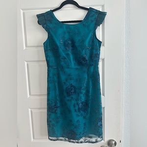 NWT Blue-Teal Floral Dress With Sequins, Size 2.
